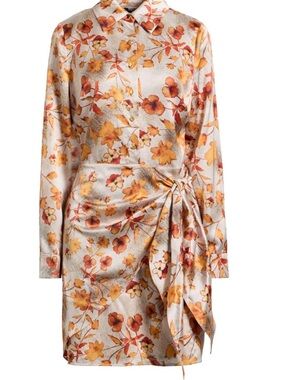 Marciano Floral Tie-Waist Long Sleeve Dress in Cream and Mustard